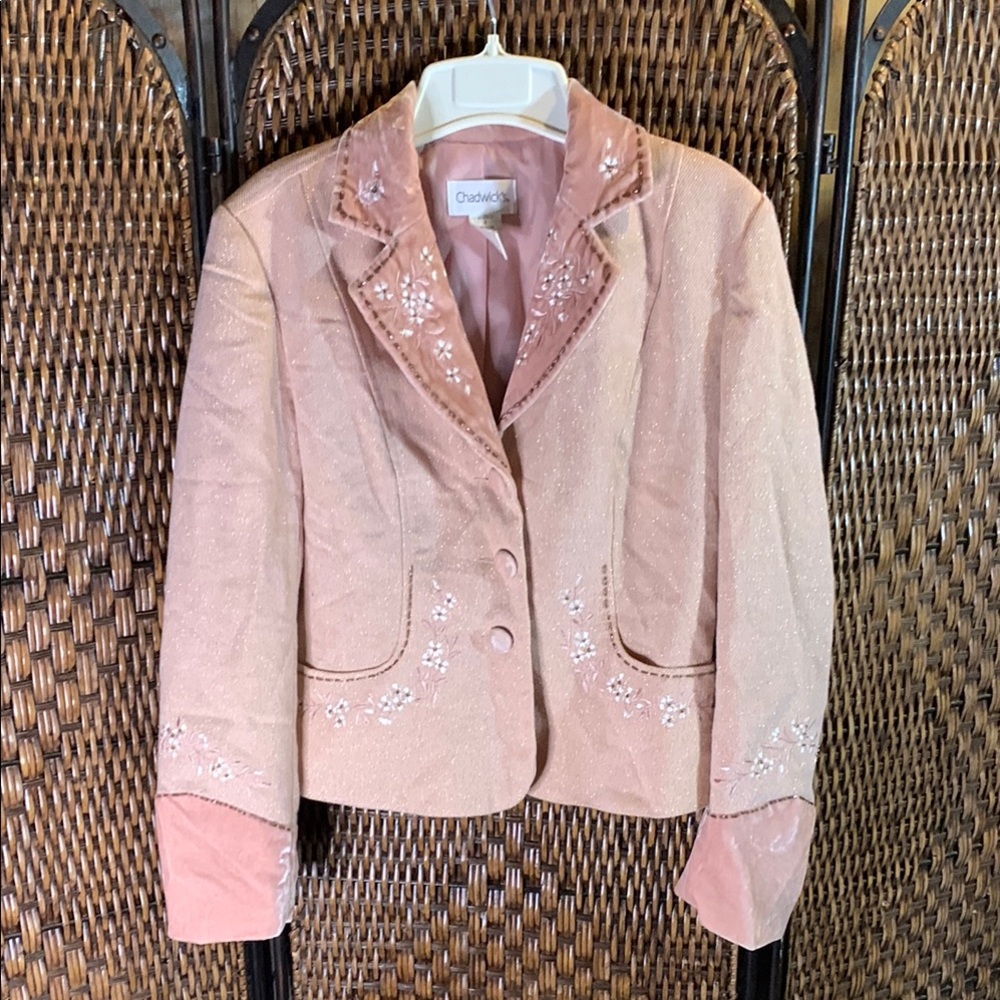 Vintage Pink Velvet Trimmed Beaded Blazer Size 8